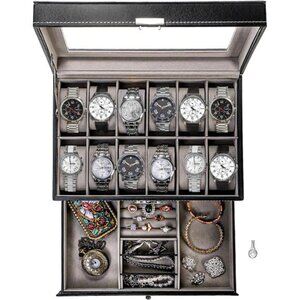 12 Slot Watch Box Case Lockable with Glass Lid, 2 Layers Watch Holder Organizer
